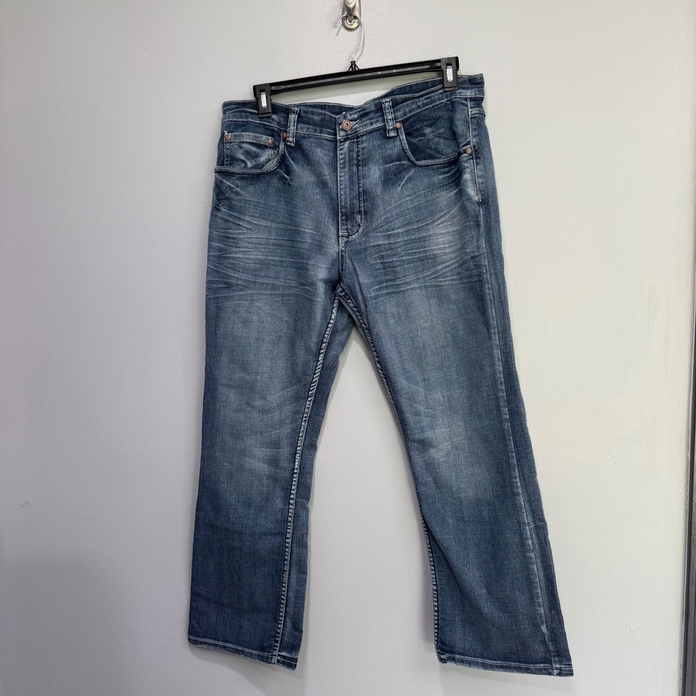 Flypaper Mens Bootcut Jeans Medium Wash Whiskered Embroidered 36x32